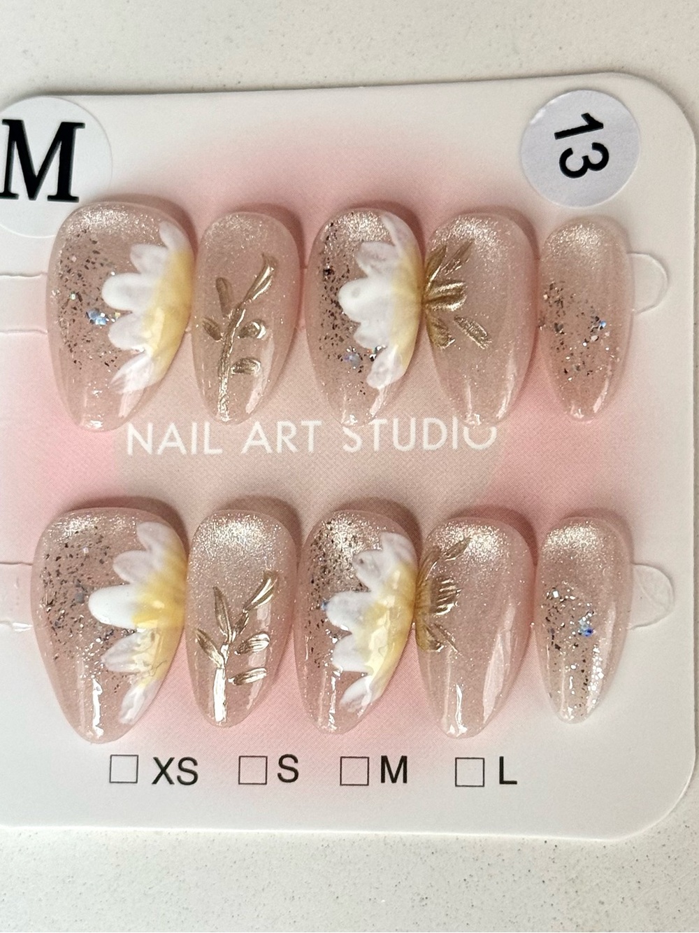Handmade Floral Nude Press-On Nails with Gold Accents - Women Accessories Size M